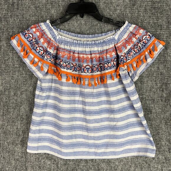 THML Shirt Womens Small‎ Off-Shoulder Cropped Embroidered Boho Peasant Native - Picture 1 of 9